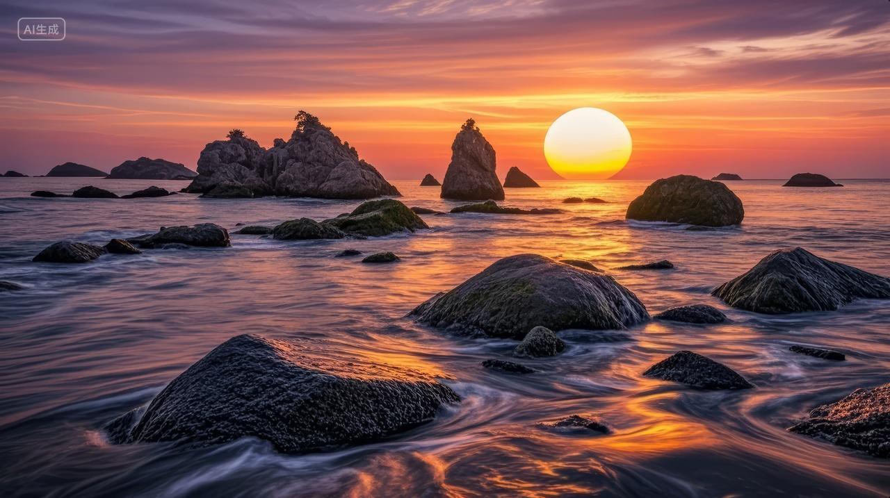 海岸礁石日落黄昏自然风光旅游度假背景