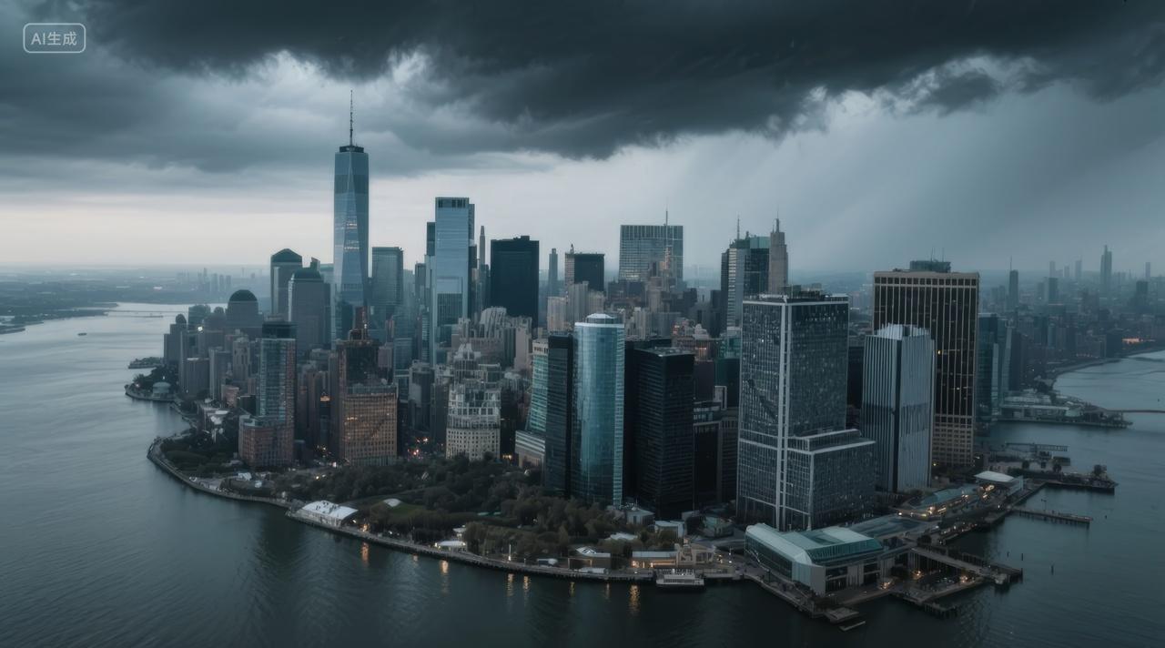 纽约曼哈顿风暴前夕城市天际线金融中心背景