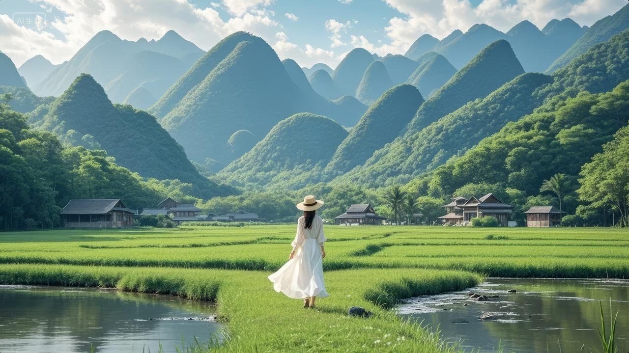 白裙女子站立稻田山水风景旅游背影背景