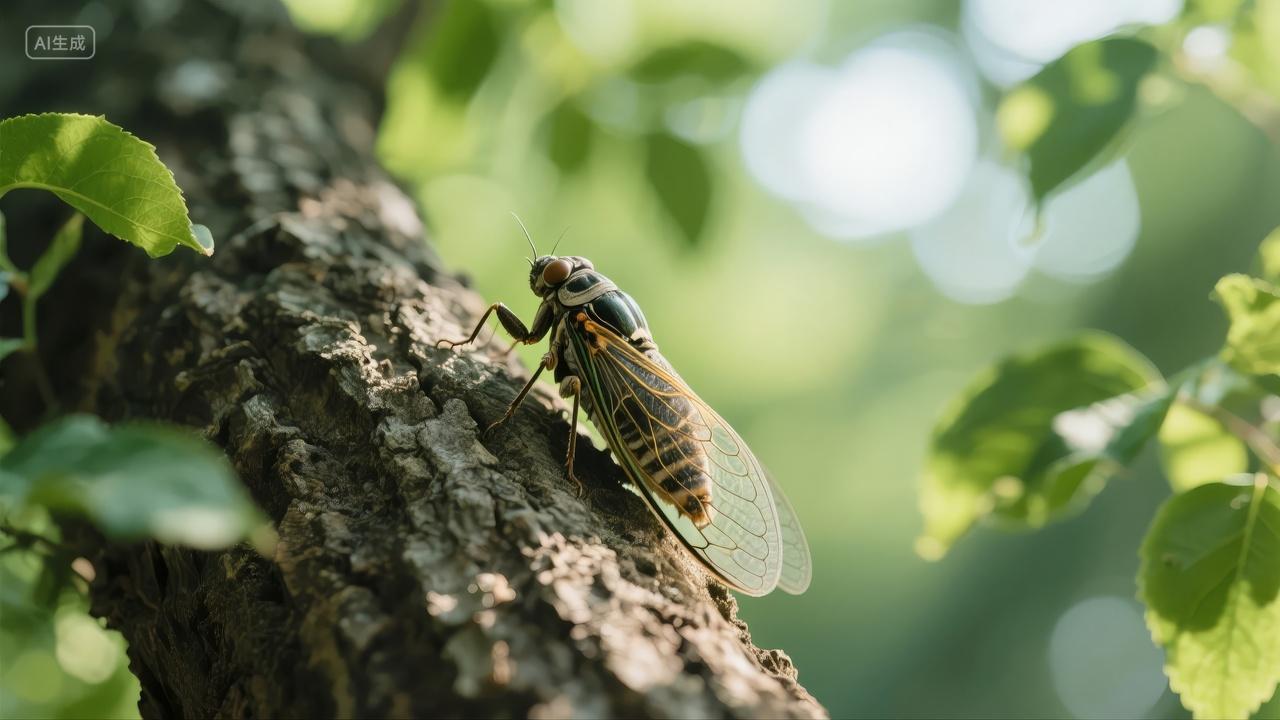 夏至夏天知了蝉树干鸣叫自然动物背景图