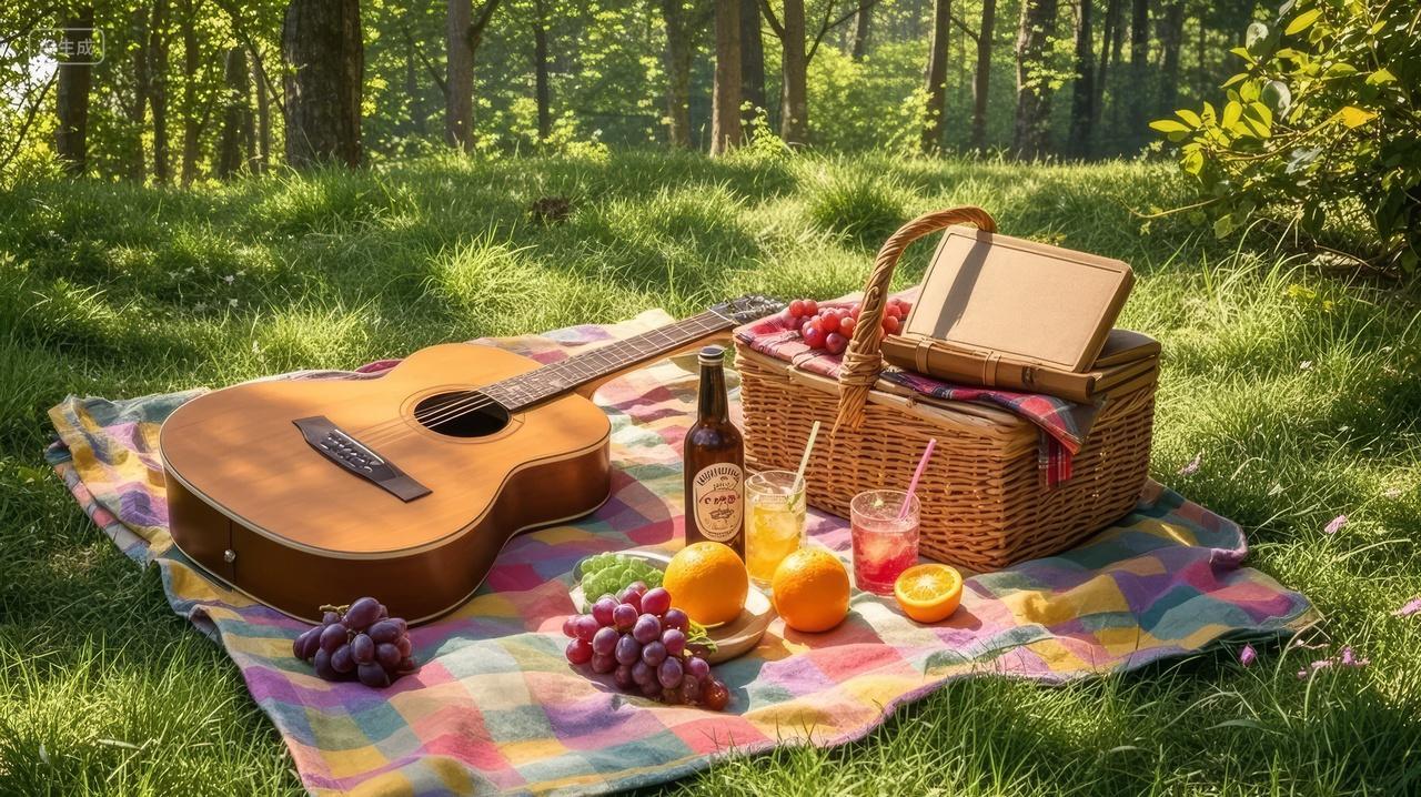 春夏季草地野餐吉他美食休闲生活背景图