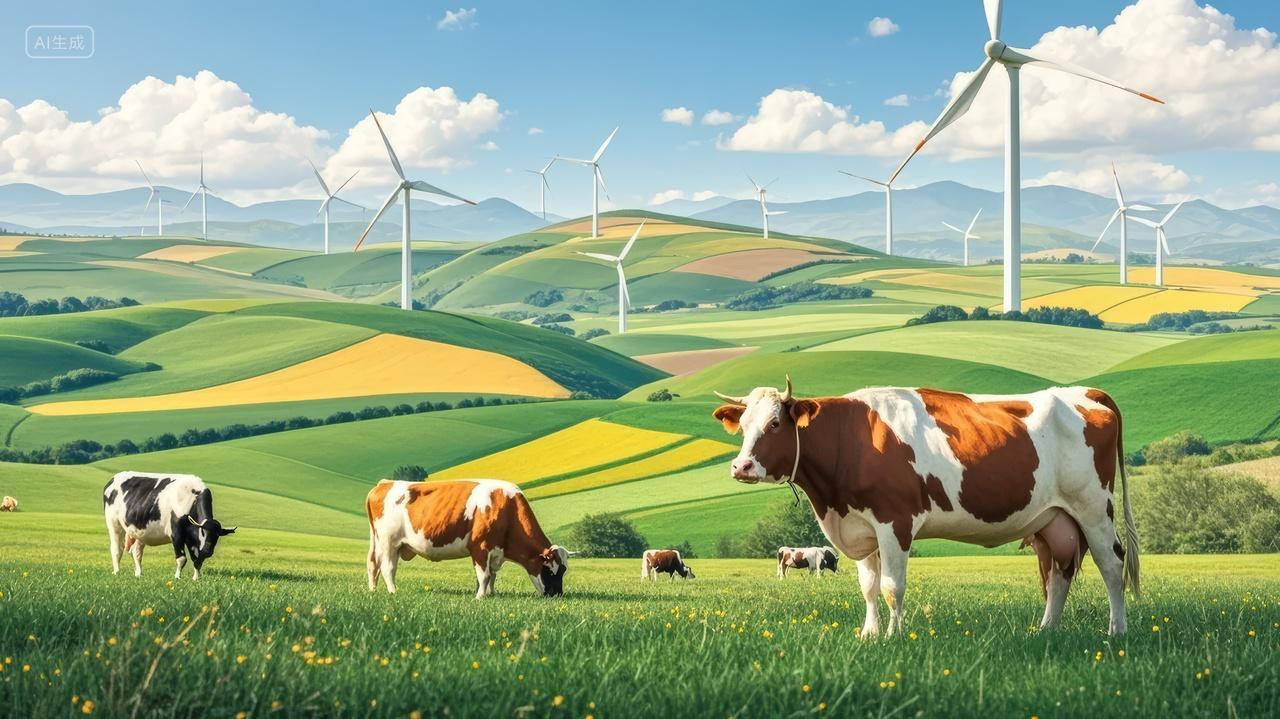 奶牛风力发电草地牧场环保能源农业背景