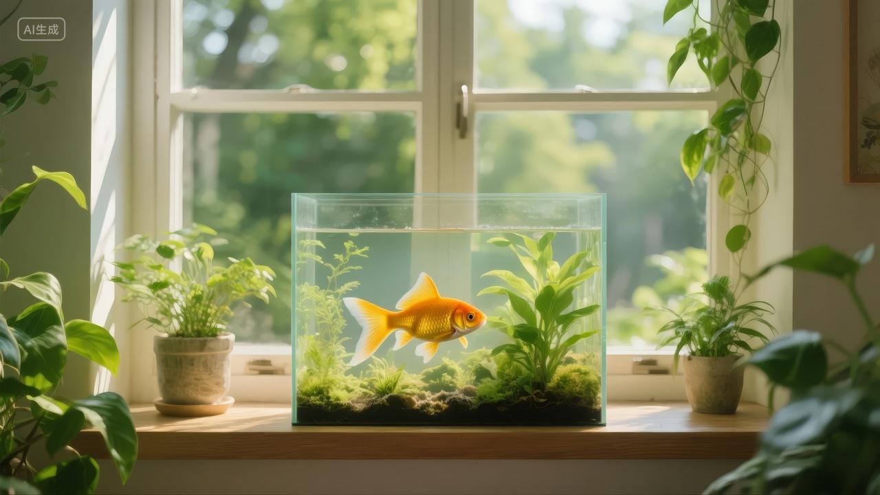 居家装饰窗边鱼缸金鱼宠物店宁静背景图