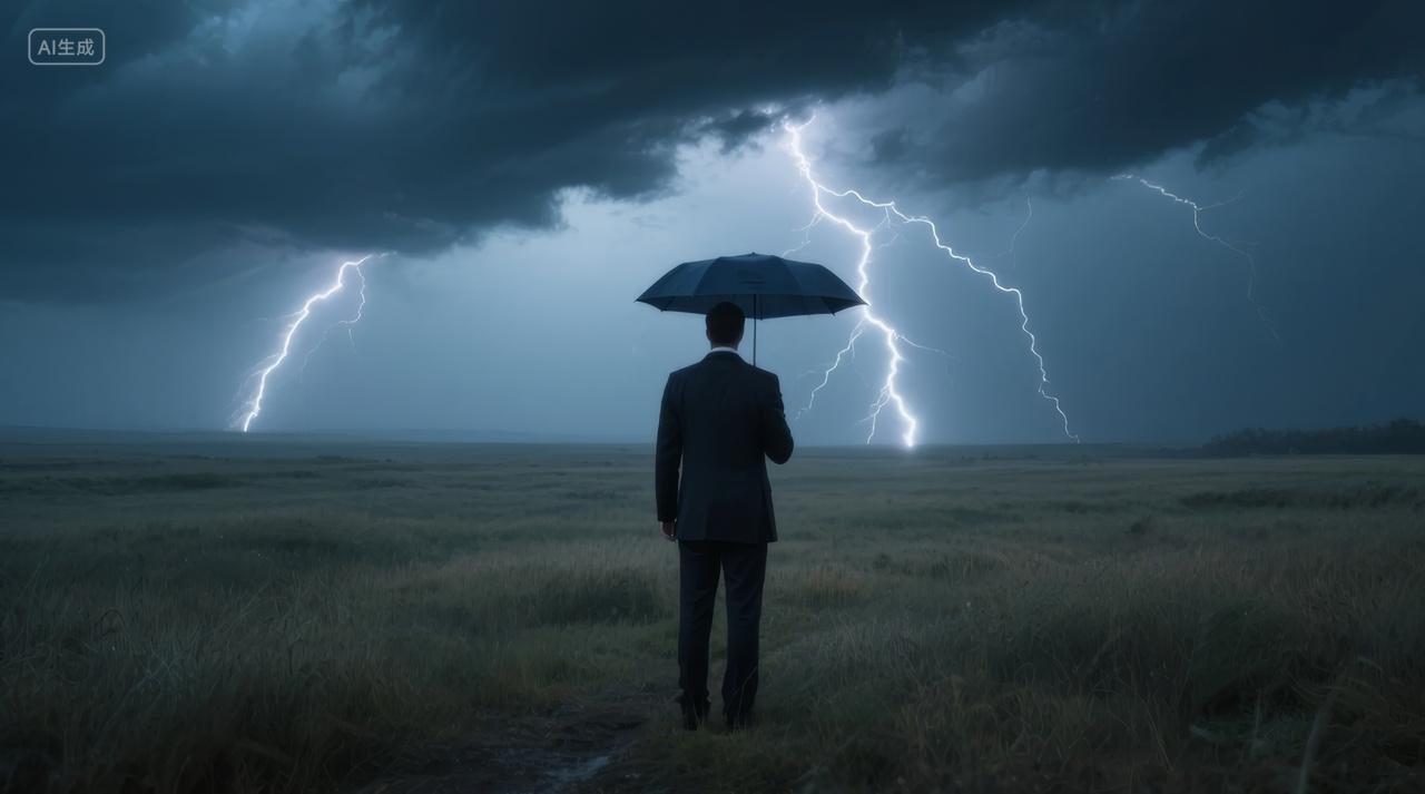男人风暴雷电雨中撑伞挑战逆境背景图