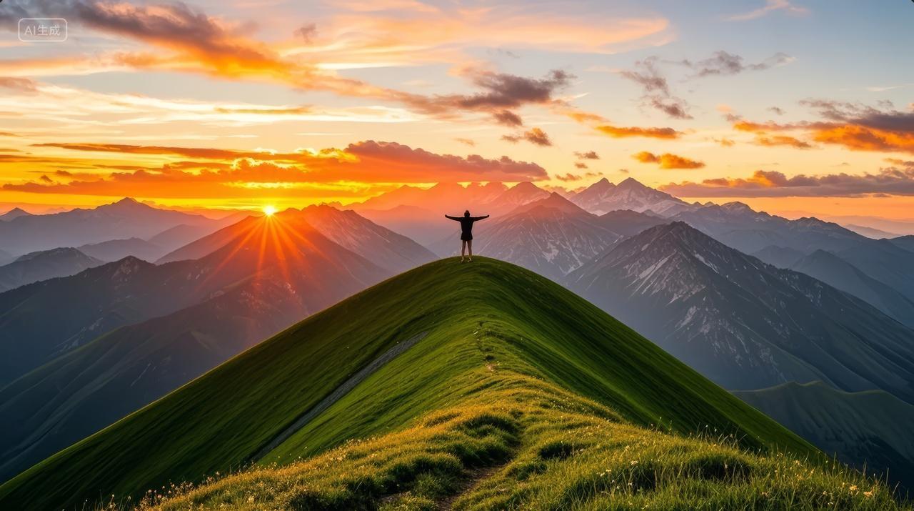 登山者山顶日出张开双臂成功励志背景图