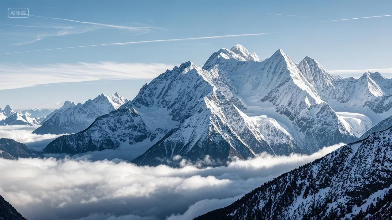 冬季巍峨雪山山峰云海壮丽自然风光背景
