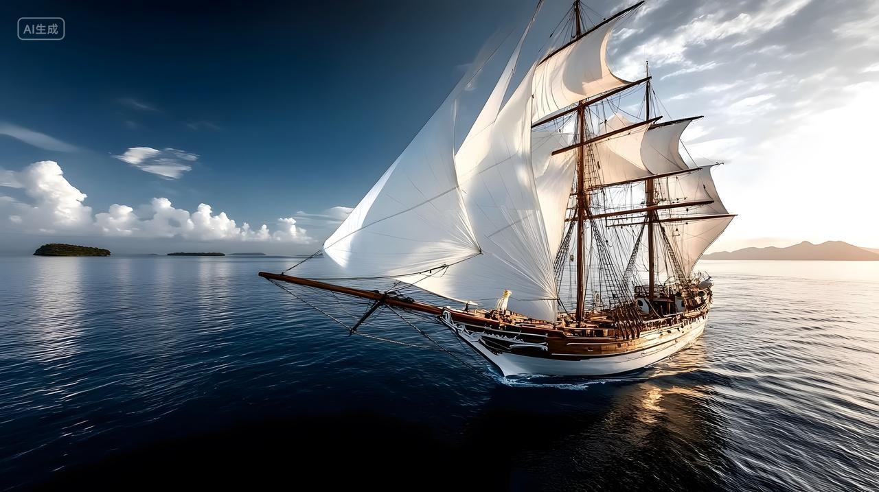 帆船乘风破浪航行于海面夕阳映照下的壮丽景象励志精神