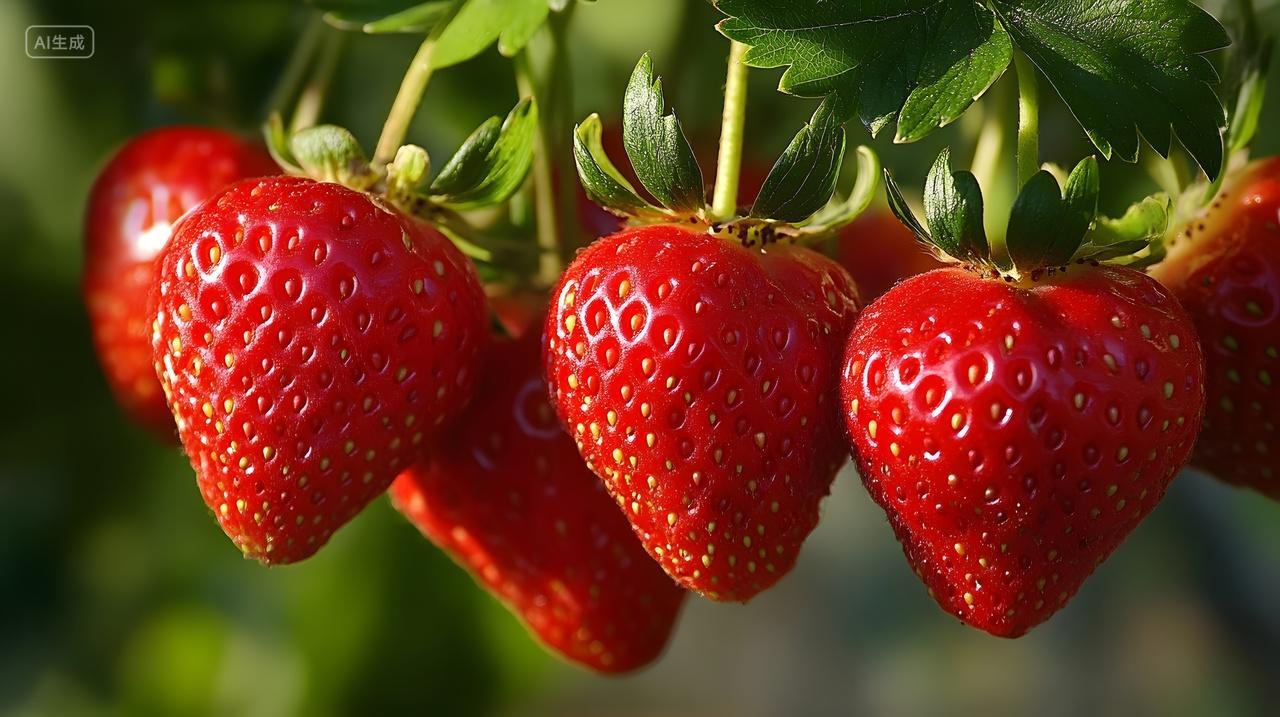 草莓果实挂枝特写阳光照射自然成熟场景