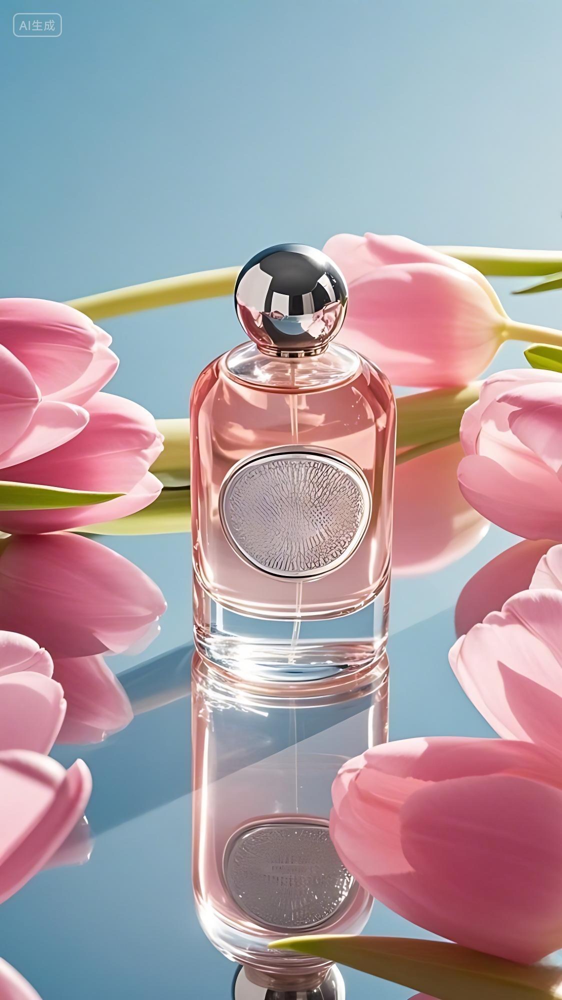 花朵电商背景四周环绕着盛开的粉色的郁金香AI