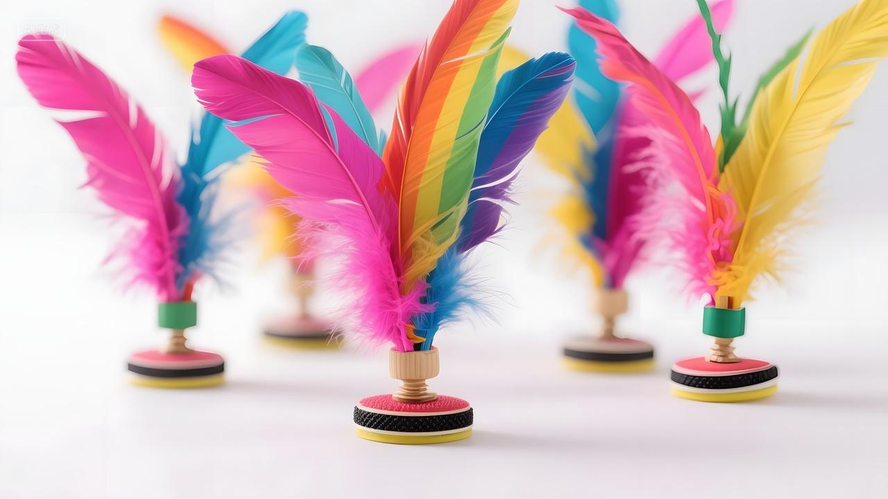 多彩羽毛毽子整齐排列中国民间传统游戏道具展示