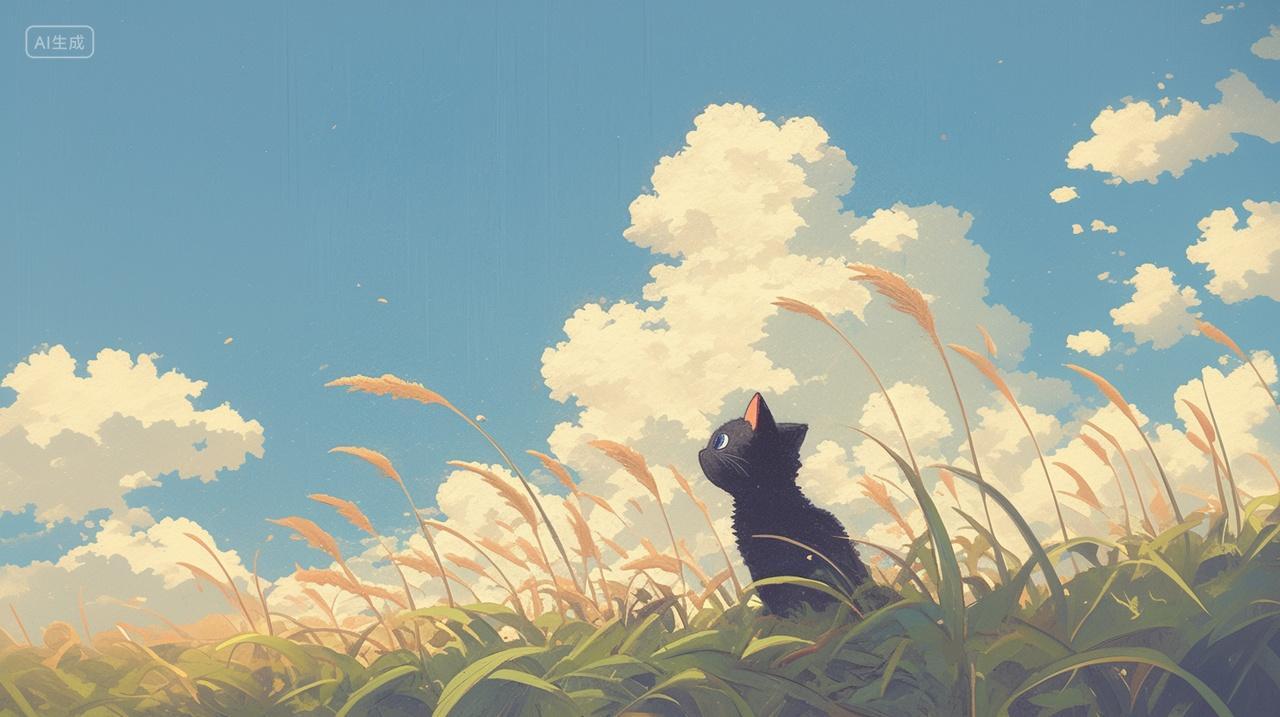 猫猫可爱猫猫草地蓝天白云插画壁纸意境