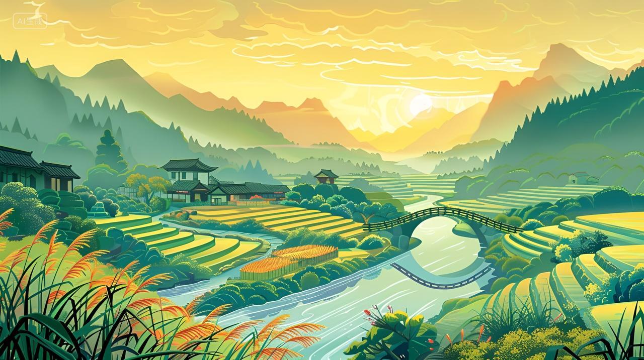 乡村梯田小桥流水田园风光古风插画