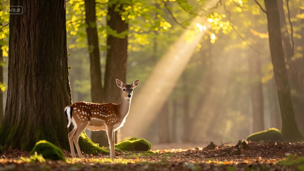 春天自然风景动物鹿森林背景图壁纸