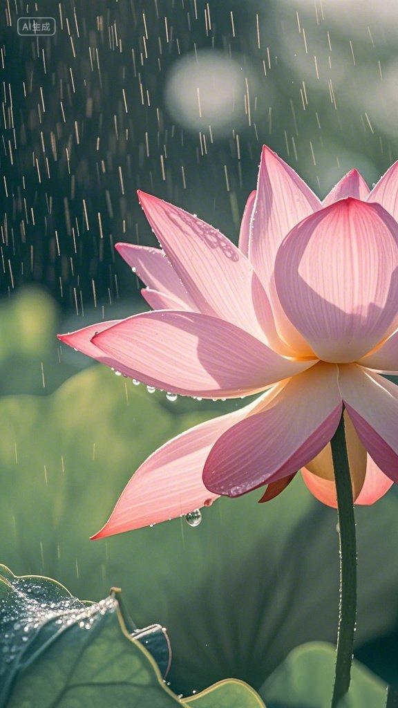 下雨天荷花在盛开场景AI