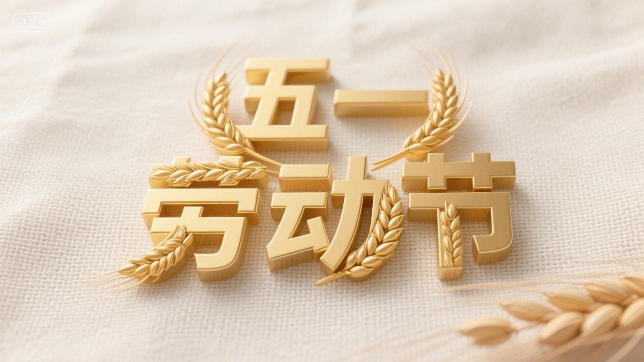 米色布纹底金色立体字配麦穗五一劳动节海报