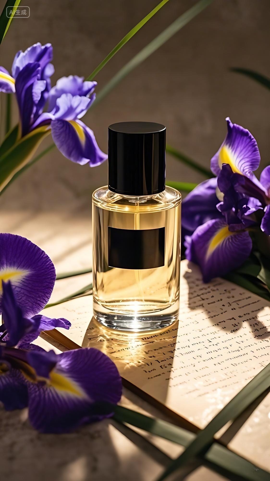 花朵电商背景四周环绕着盛开的紫色鸢尾花AI