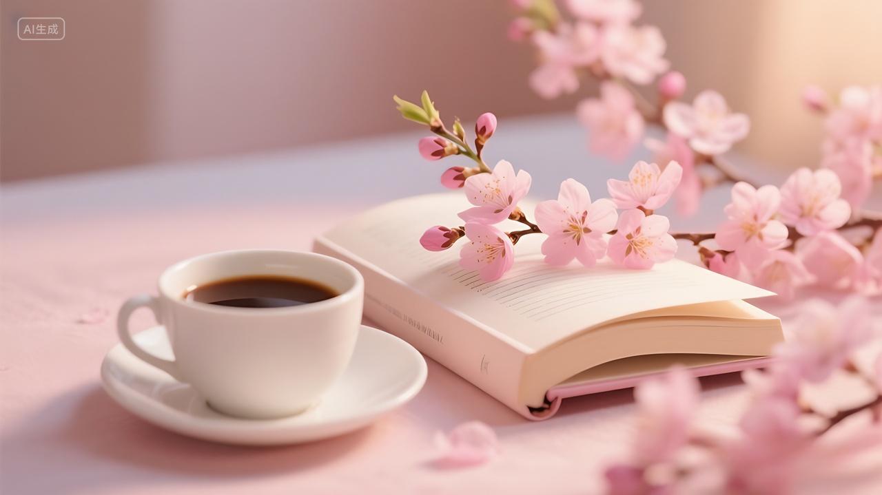 一本翻开的书页上横放着一根带花的枝条AI