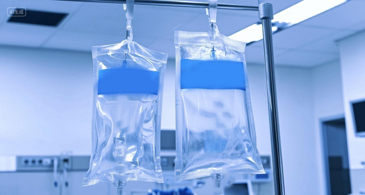 悬挂的医疗静脉输液袋AI
