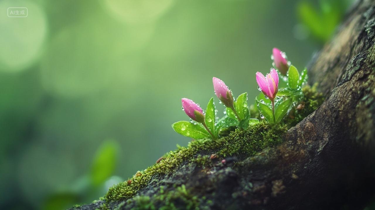 春天清明节青苔与粉花自然的隐秘温柔