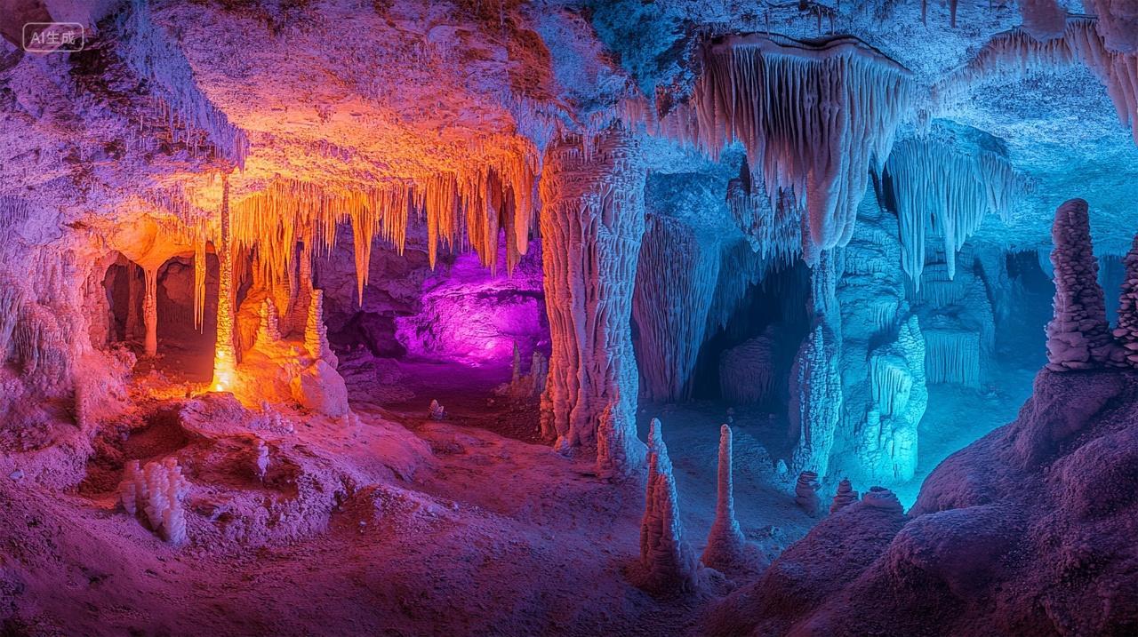五彩灯光照亮的奇幻钟乳石洞穴景观
