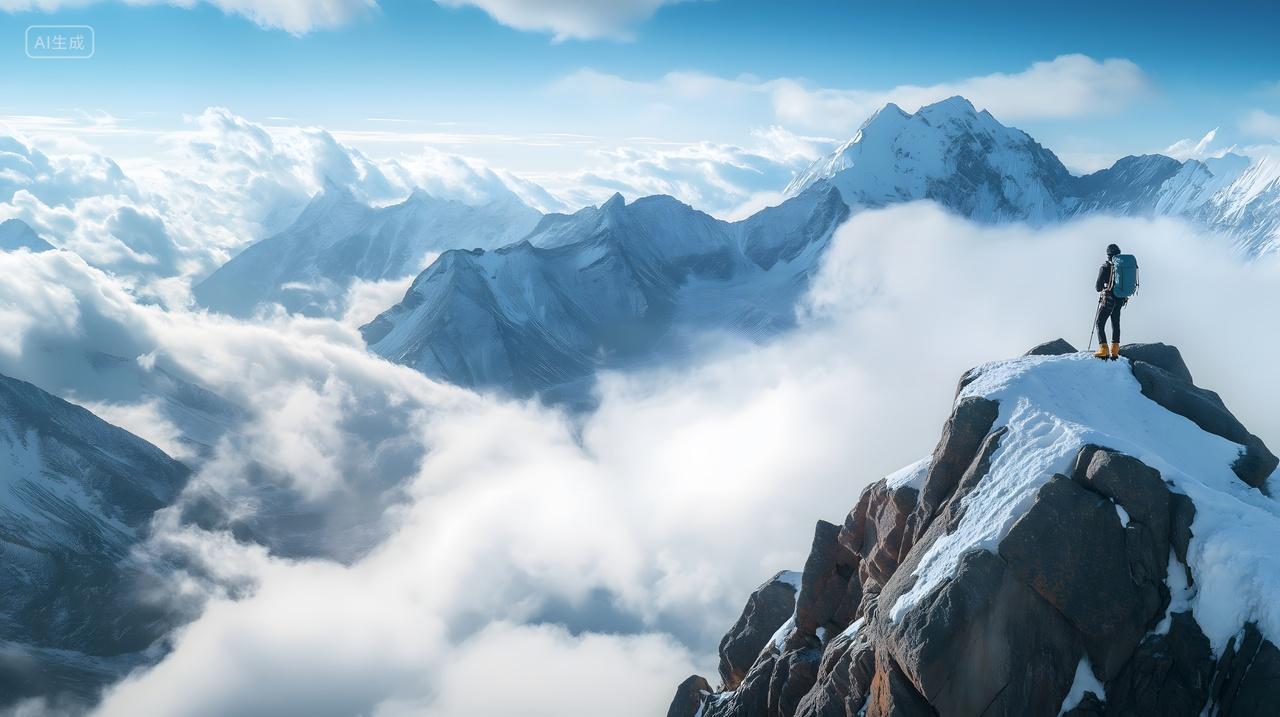 雪山攀岩者攀登者登山成功胜利远眺励志图片