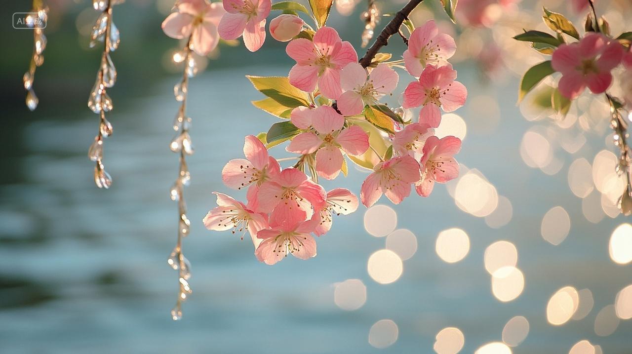 清明的暖阳柔和地洒下海棠花绽放出粉嫩的色彩明艳而动人