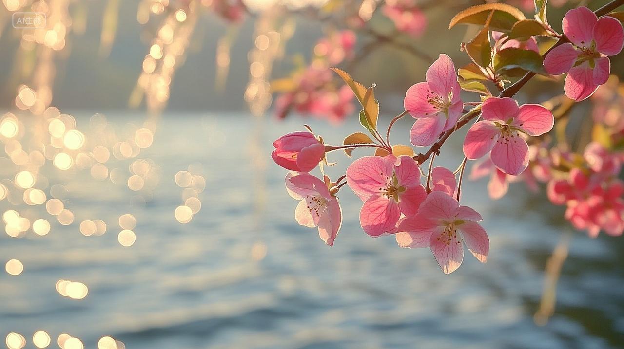 清明的暖阳柔和地洒下海棠花绽放出粉嫩的色彩明艳而动人