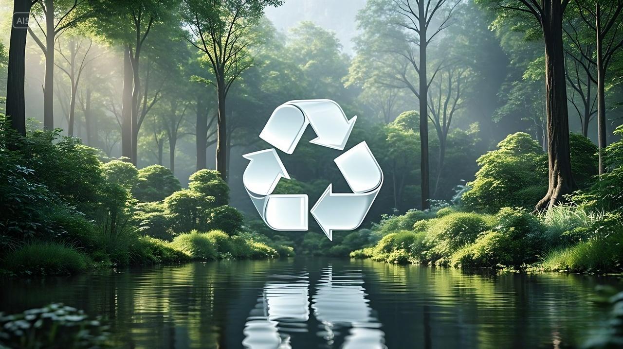 在绿色的森林上面有一个垃圾分类回收标识AI