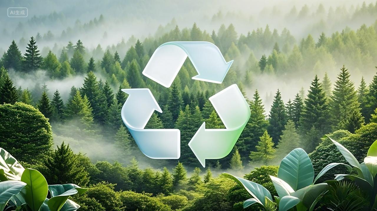在绿色的森林上面有一个垃圾分类回收标识AI