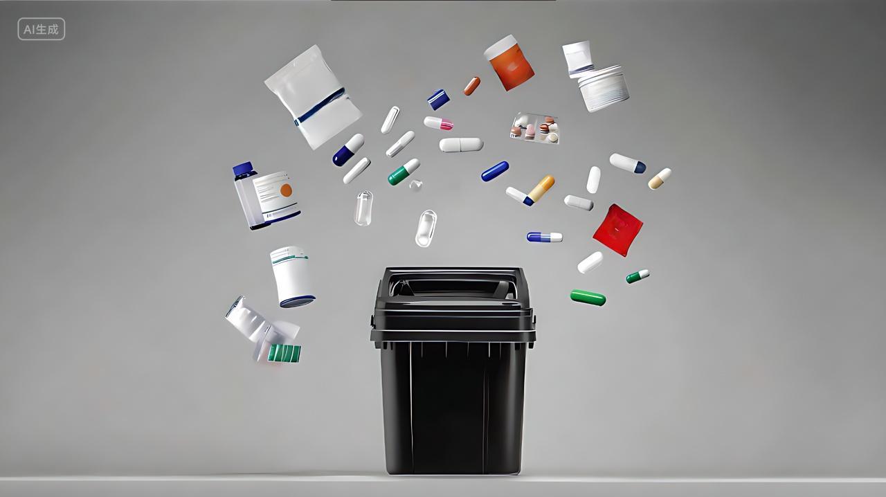 黑色垃圾桶外飞出很多医疗废物垃圾AI