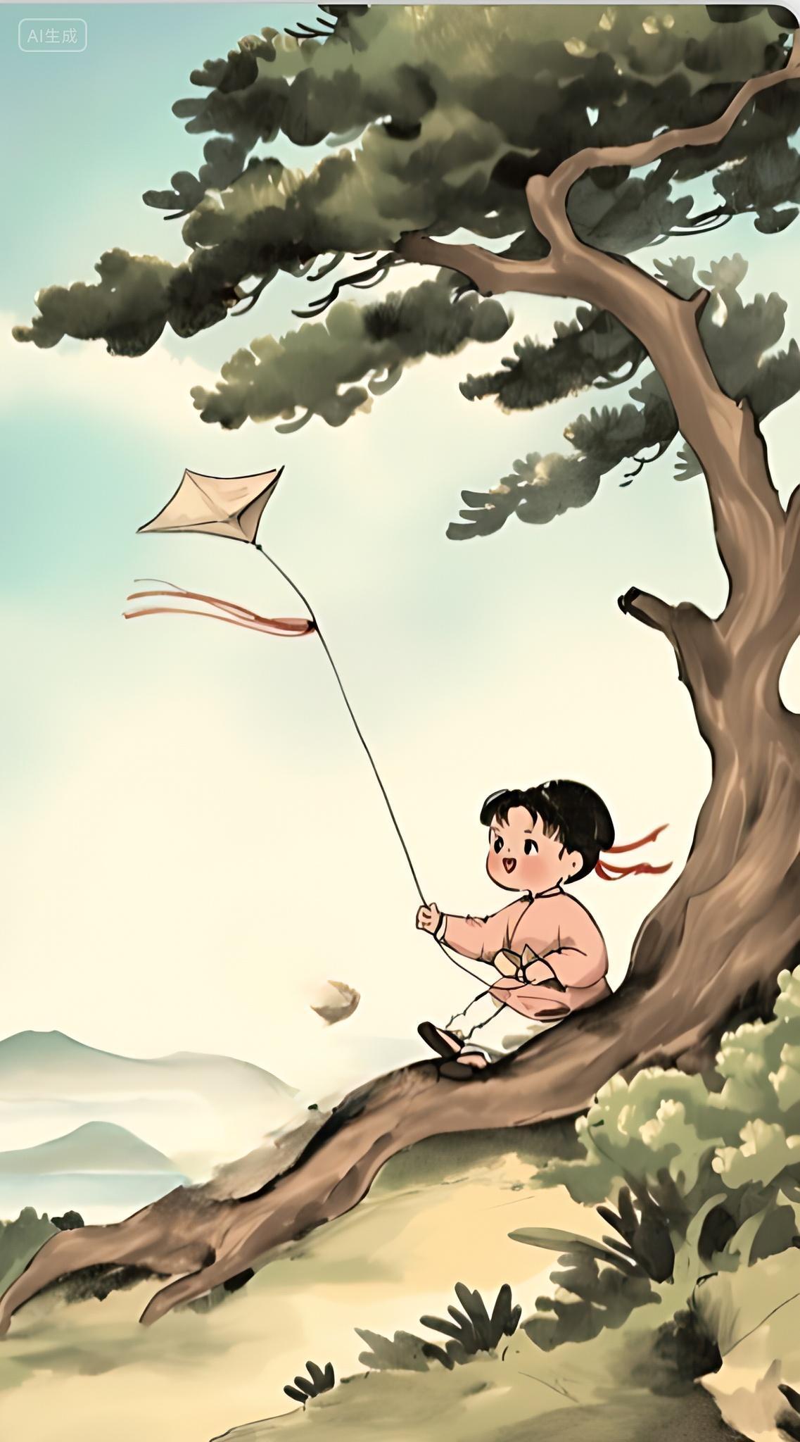 卡通可爱小女孩在树下放风筝AI