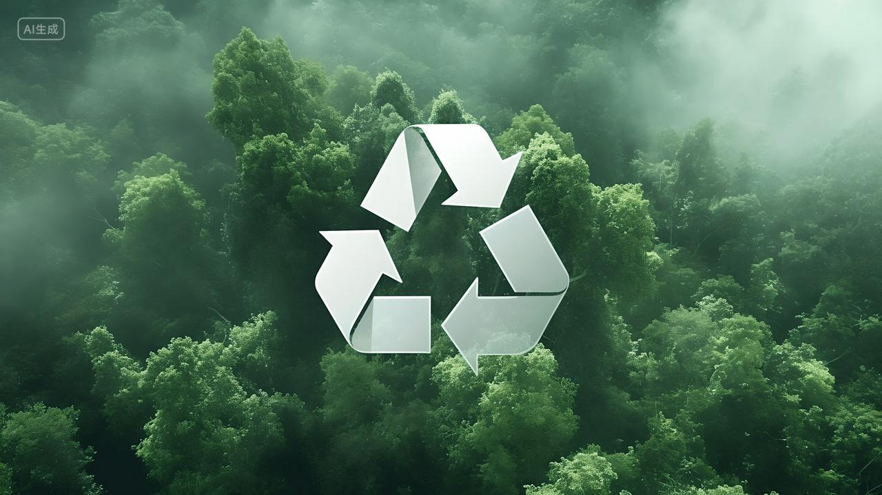 在绿色的森林背景上面有一个垃圾分类回收标识AI