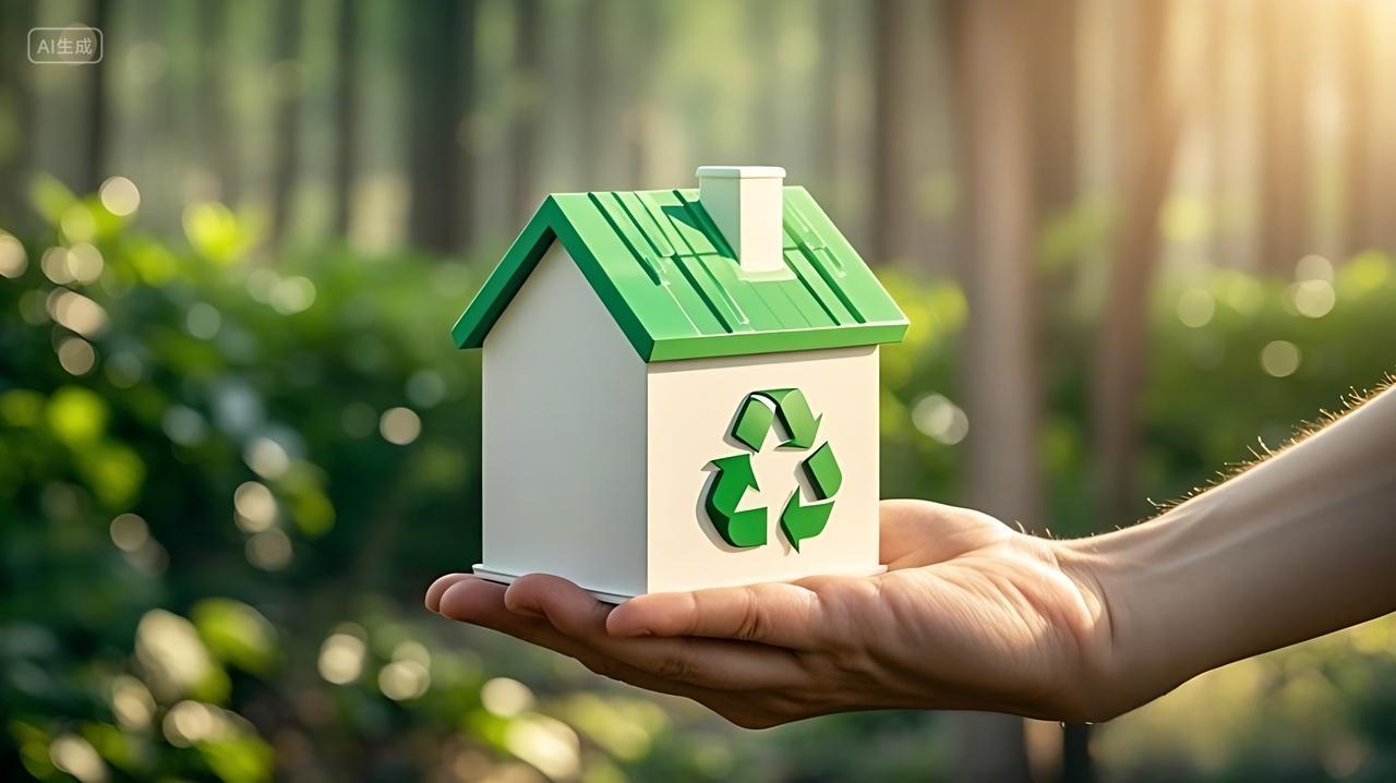 手拖着一个小房子垃圾分类环保回收标识AI