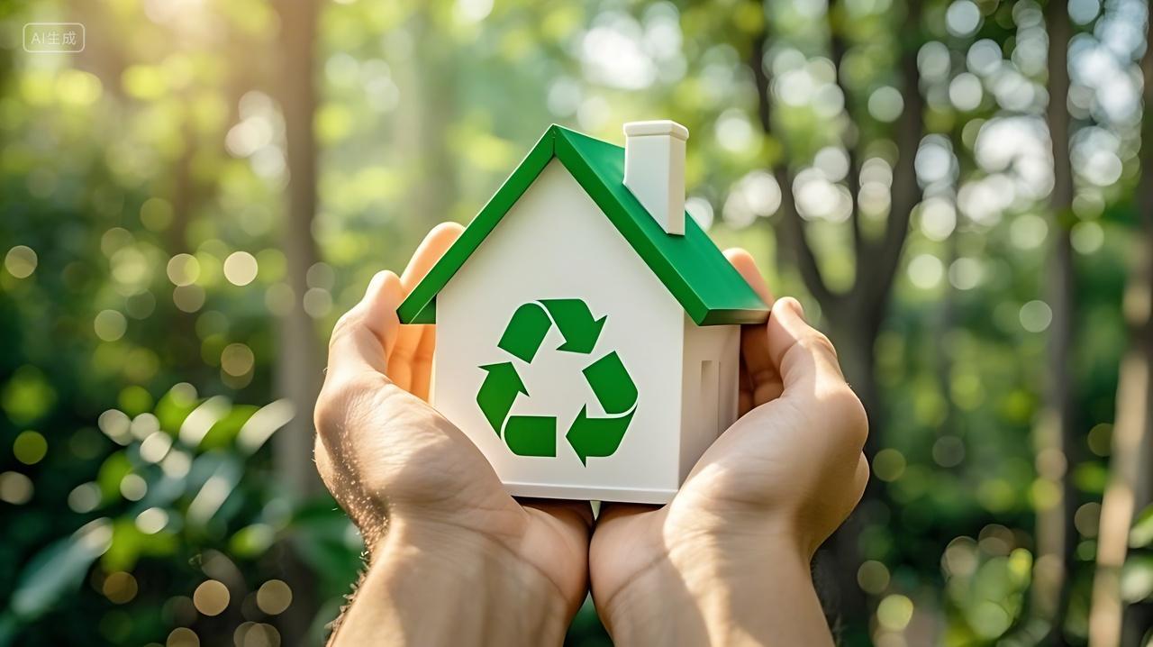 双手举着小房子上面有一个垃圾分类环保回收标识AI