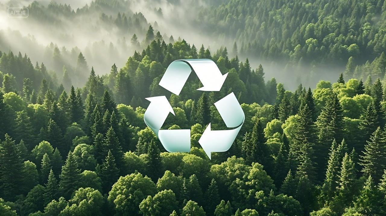 在绿色的森林上面有一个垃圾分类回收标识AI