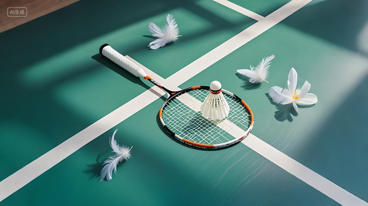 场地表面放置着一把羽毛球拍和一只羽毛球AI