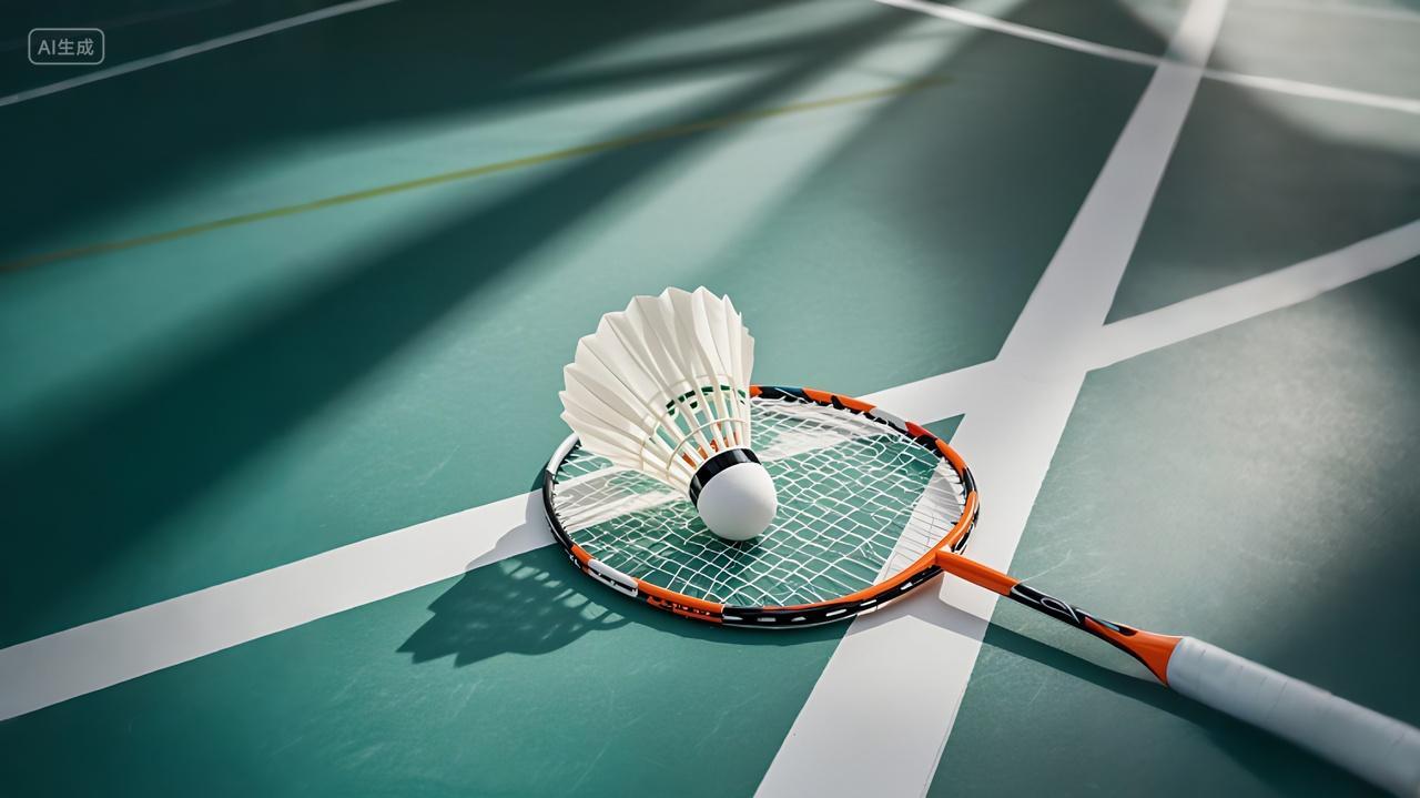 绿色的羽毛球场地上有一个羽毛球拍和羽毛球AI