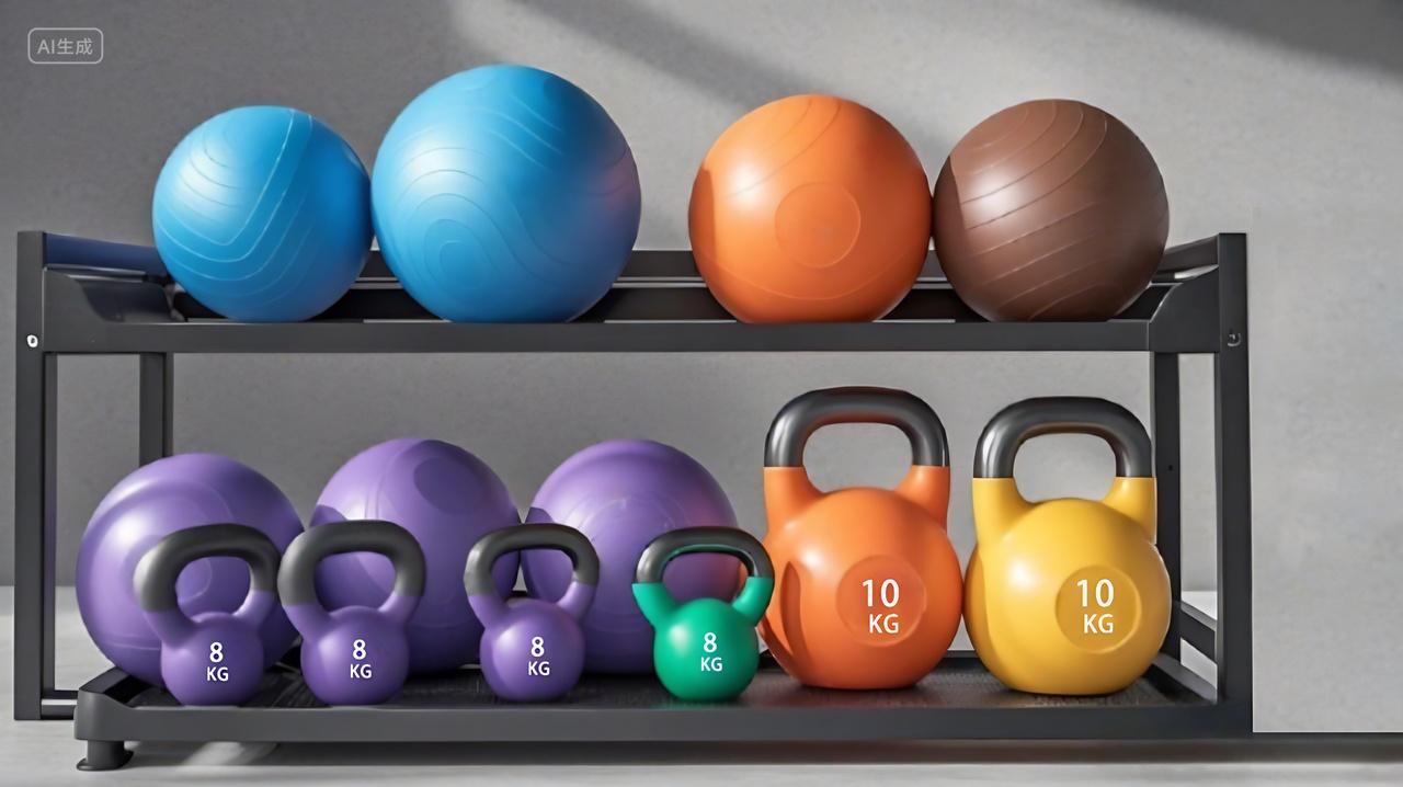 一个健身器材收纳场景黑色架子上层摆放着多个健身球AI