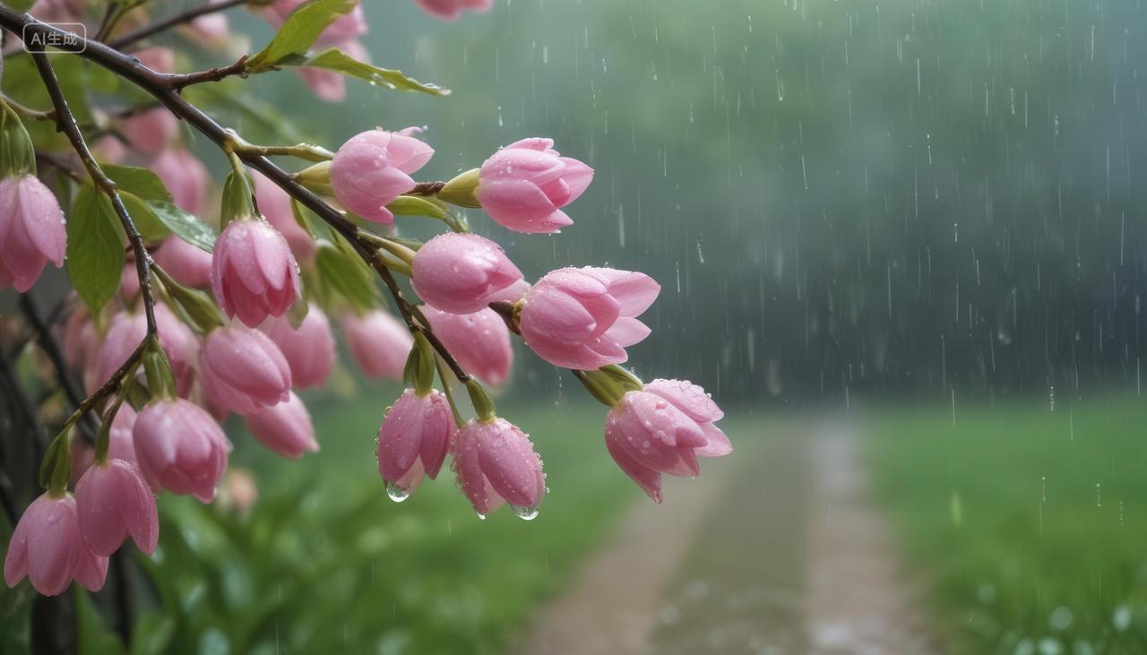 雨中的粉色花朵特写