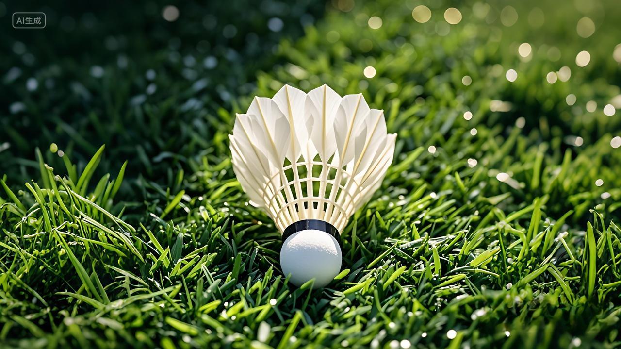 一只白色的羽毛球置于绿色的人工草坪上AI
