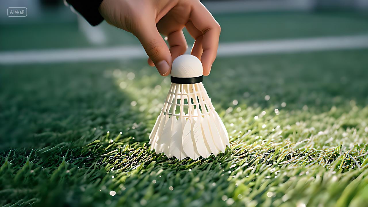 一只白色的羽毛球置于绿色的人工草坪上AI