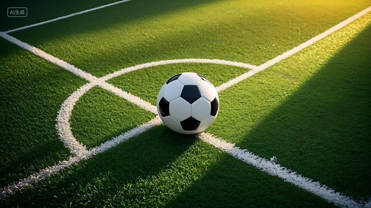 足球场上的一个角落绿色的人工草皮上画着白色的边线AI
