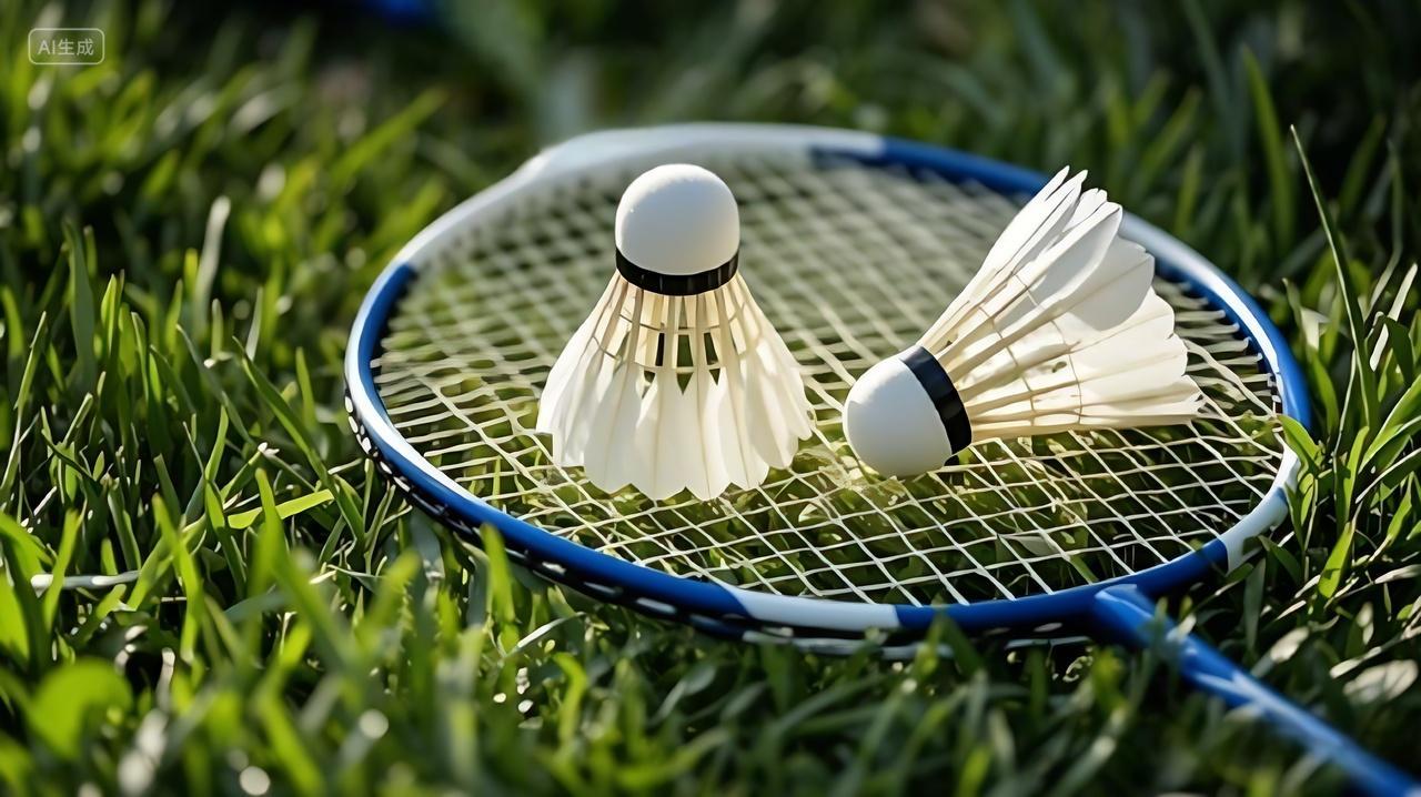 草坪上有一个羽毛球拍和2个羽毛球图片AI