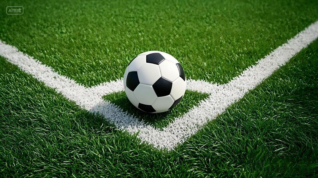足球场上的一个角落绿色的人工草皮上画着白色的边线AI