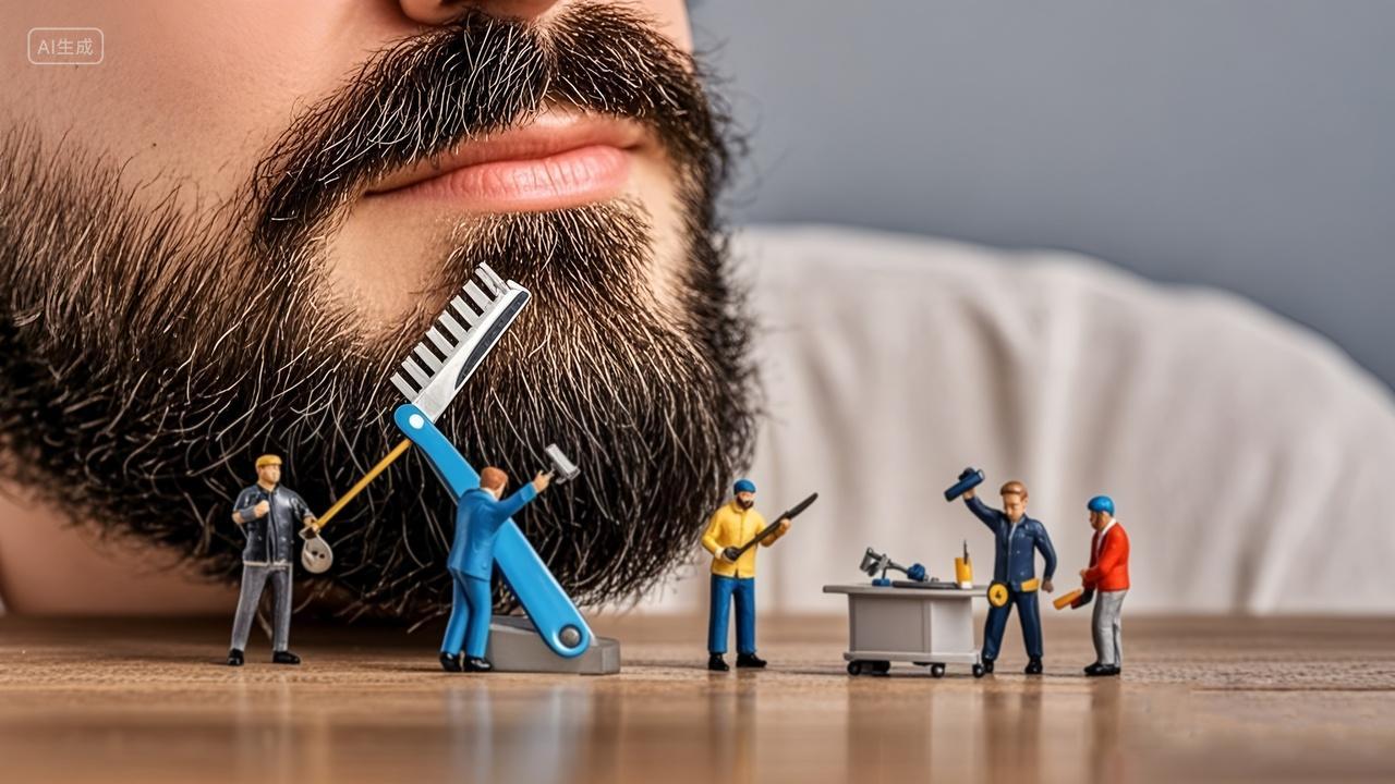 迷你小人在给长满胡须的男人剃胡须