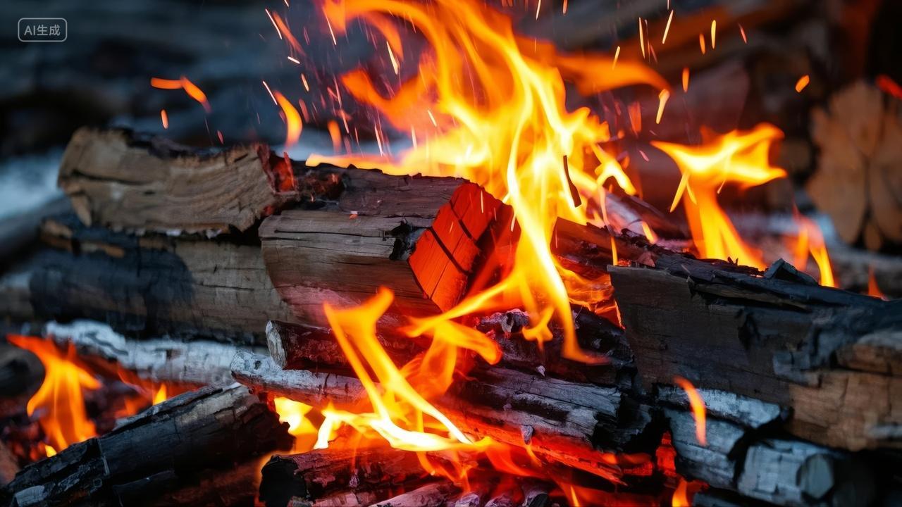 燃烧的木柴火焰特写温暖明亮篝火
