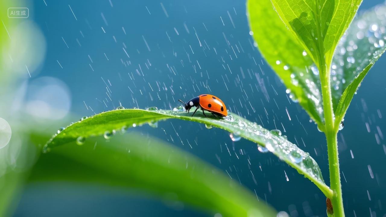 清明谷雨节气雨后绿叶瓢虫特写背景图