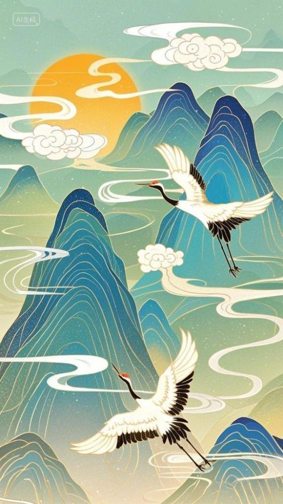 中国风山水仙鹤国潮背景素材AI