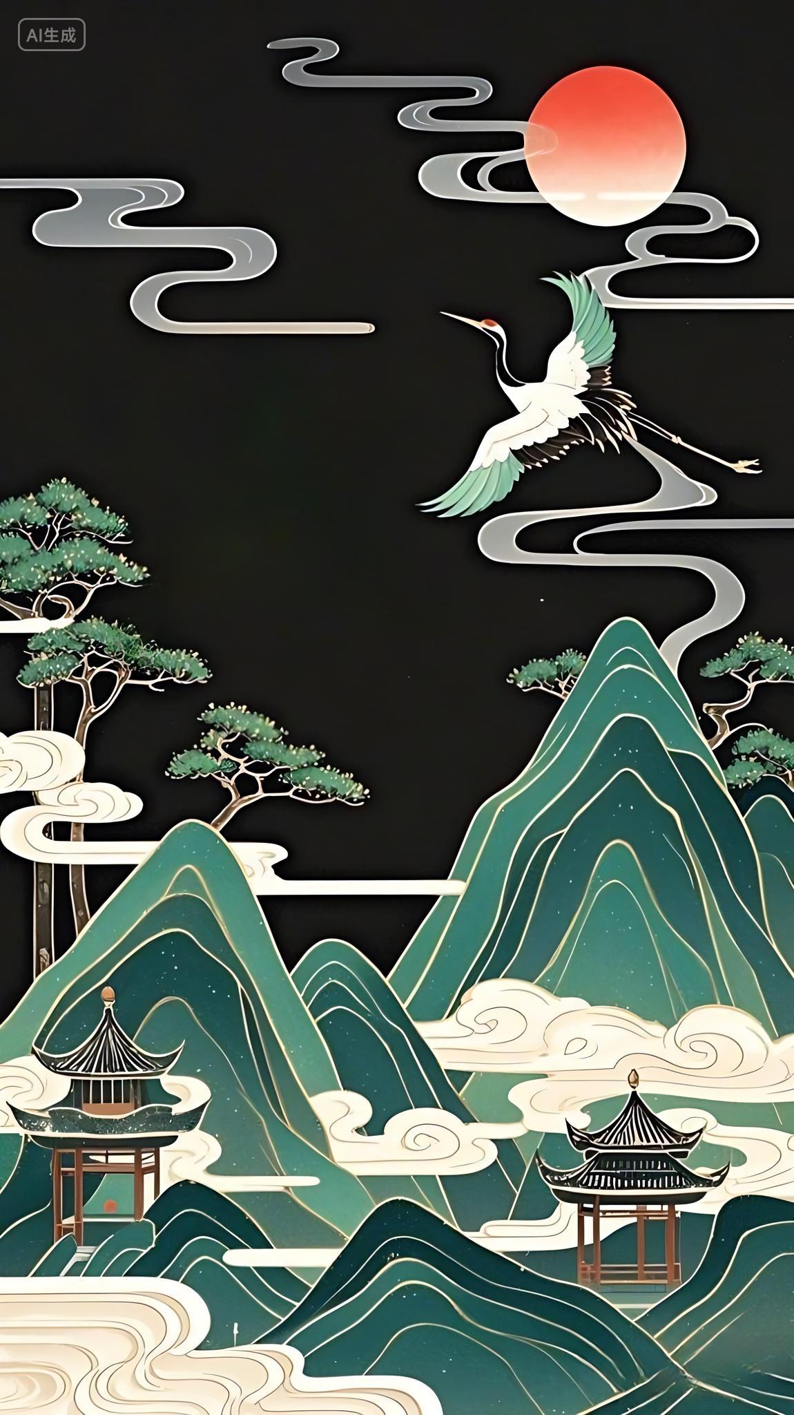 中国风山水仙鹤国潮背景素材AI