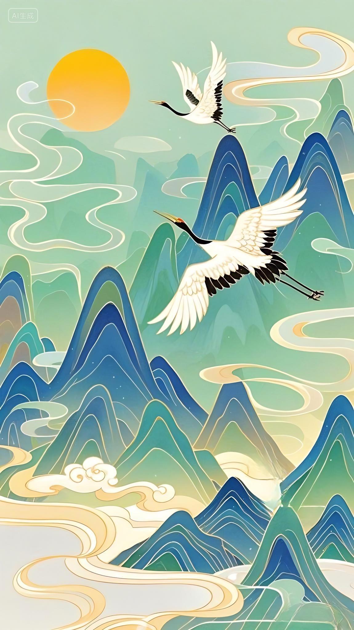 中国风山水仙鹤国潮背景素材AI